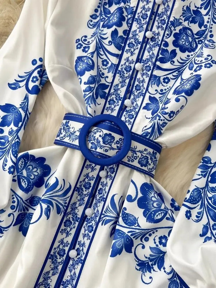 Blue Golden Flower Print Dress