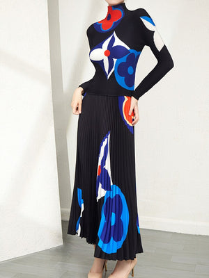 Pleated Printing Long Sleeve Neck Top + High Waist Skirt Two-Piece Set