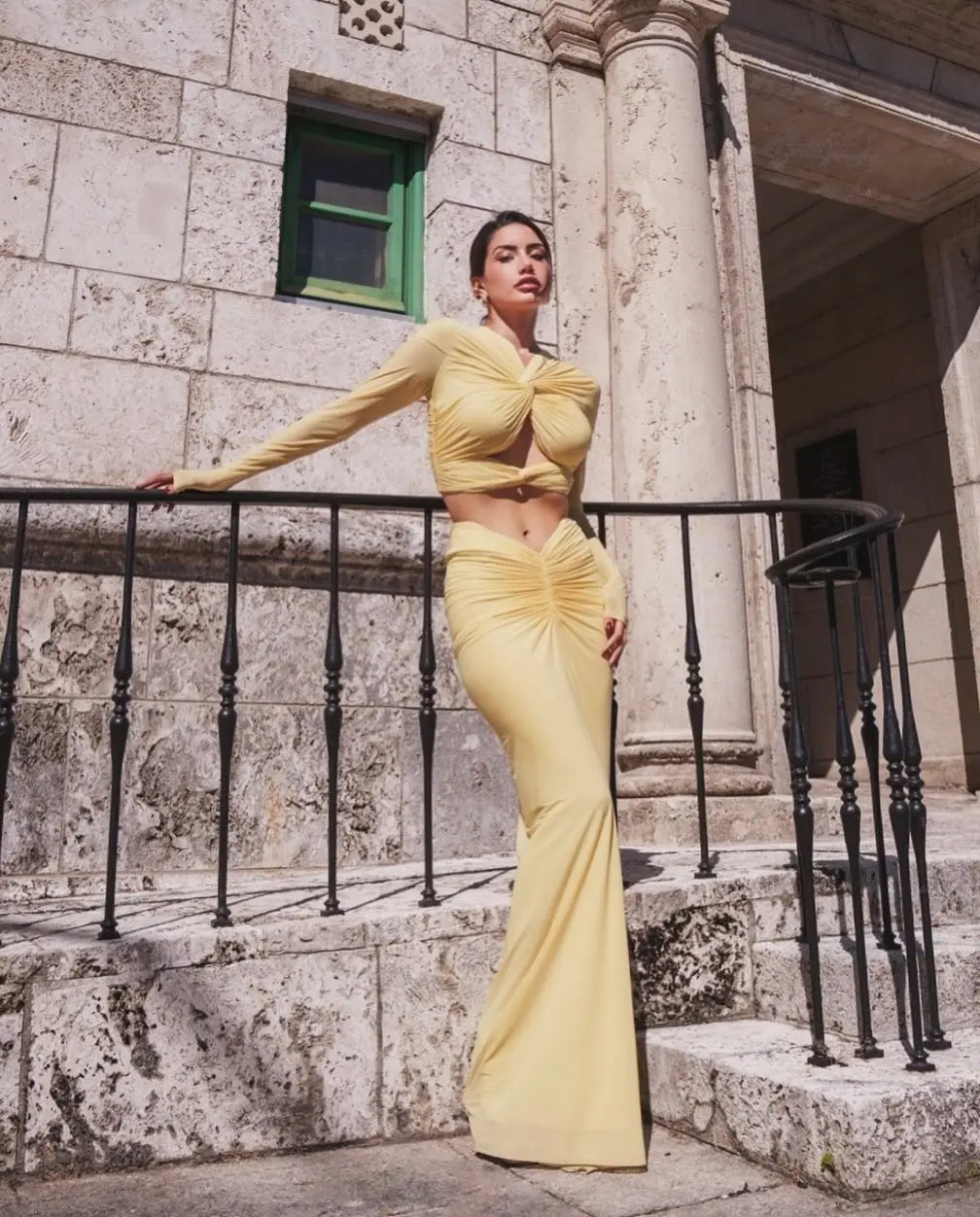 Sexy Hollow Out Long Sleeve Top + Pleated Skirt Sets