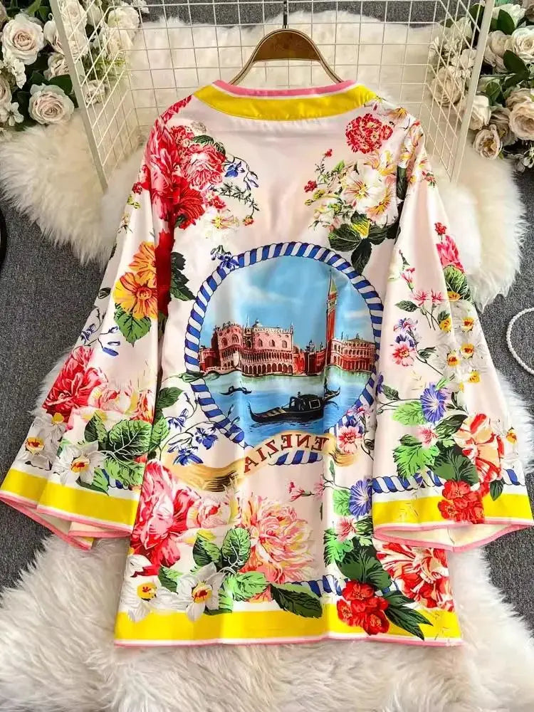Cartoon Rose Flower Print Beach Short Dresses