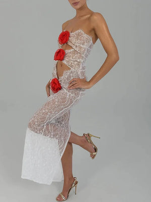 Flower Strapless Lace Maxi Dress