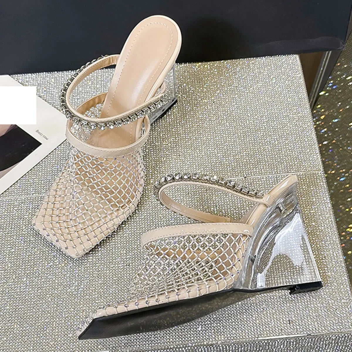 Crystal Diamond Square Toe Designer Transparent Slippers