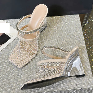 Crystal Diamond Square Toe Designer Transparent Slippers