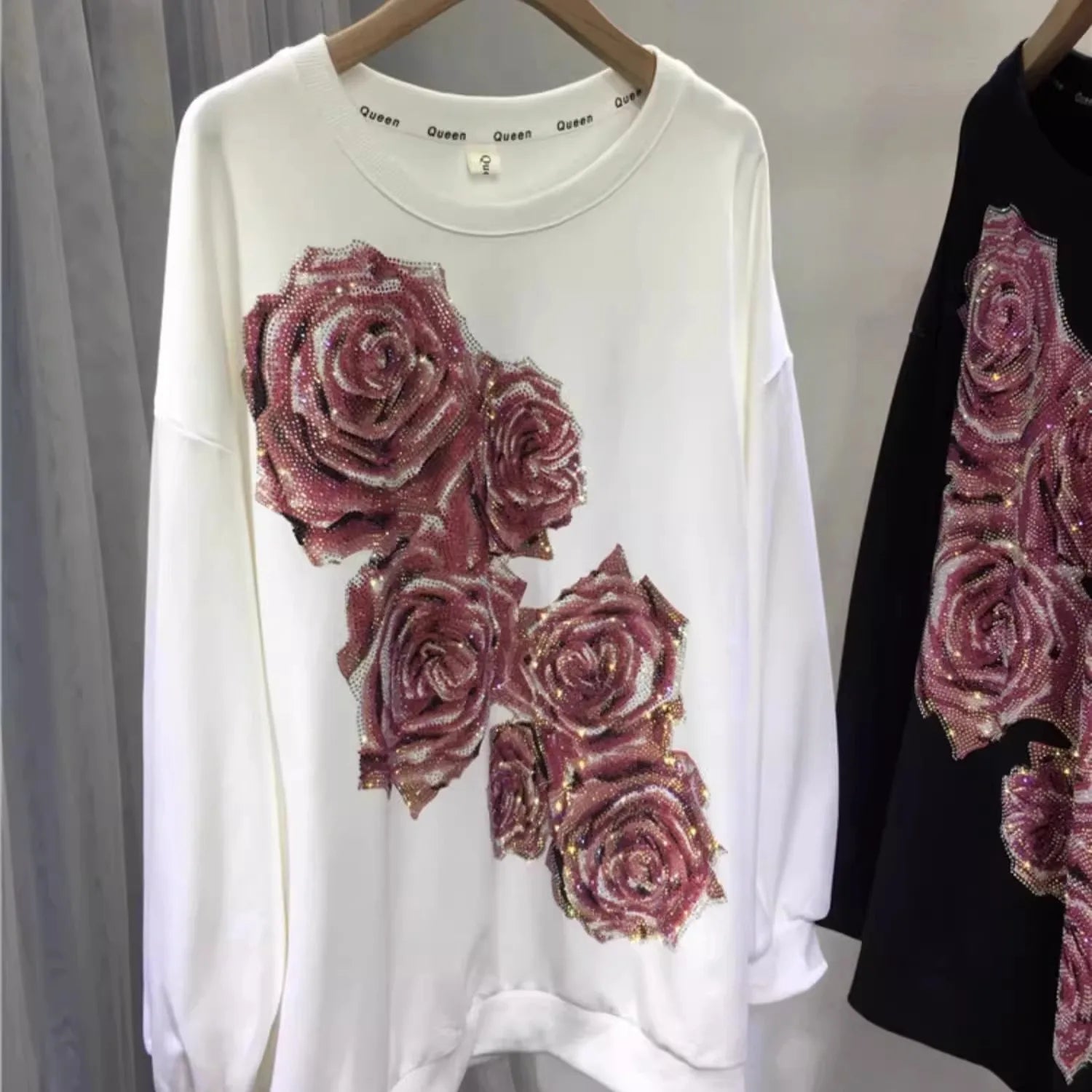 Oversized Rhinestone Light Luxury Rose Pull-over