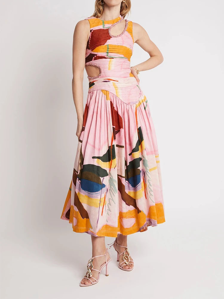 Print Slim Pleated Dress