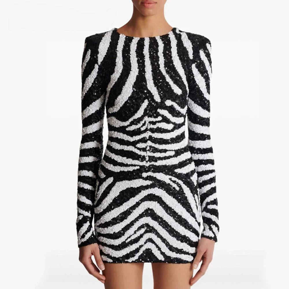 Patchwork Sequins Zebra Stripes Dress