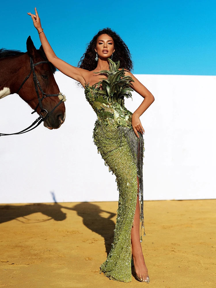 Green Feather Shining Sequins Strapless Slim High Slit Beads Tassels Dress