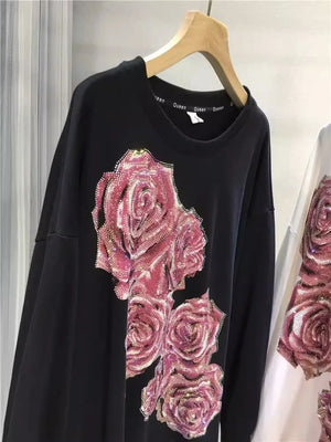 Oversized Rhinestone Light Luxury Rose Pull-over