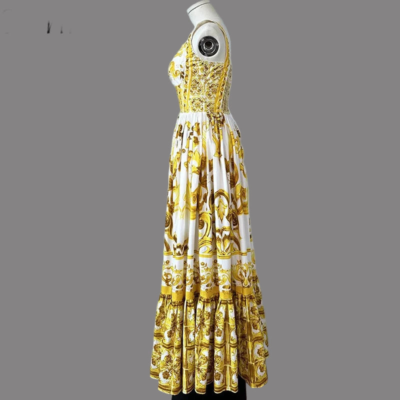 Spaghetti Strap Backless Print Temperament A-Line Pleated Dresses