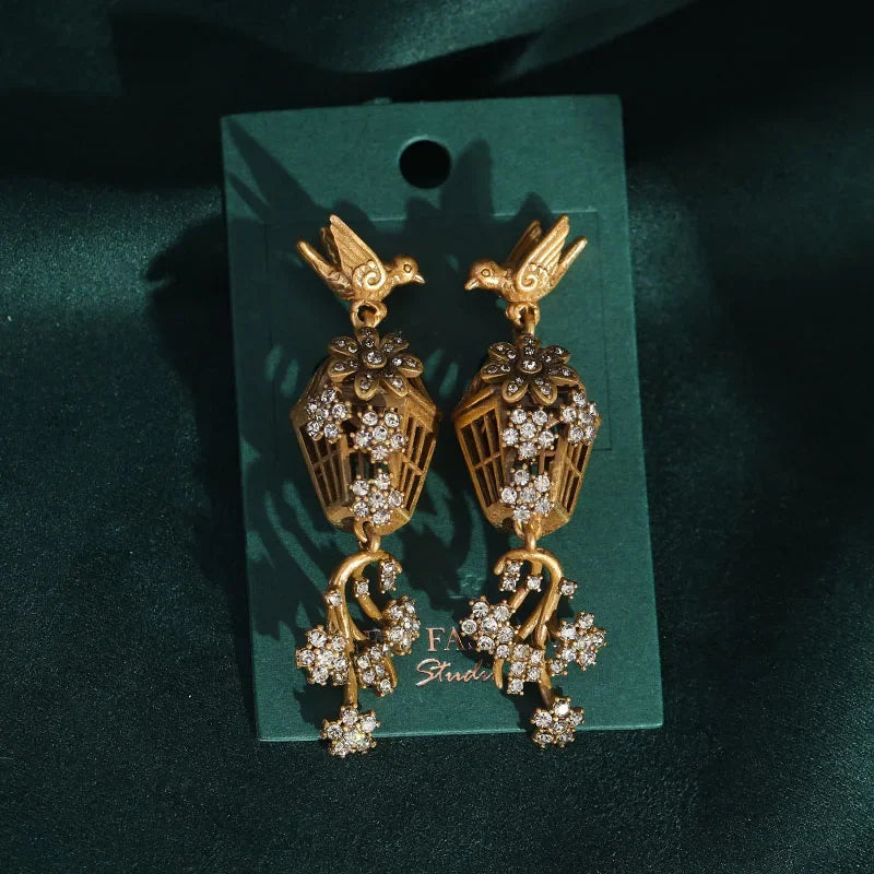 Vintage Rhinestones Bird Cage Drop Dangle Earring