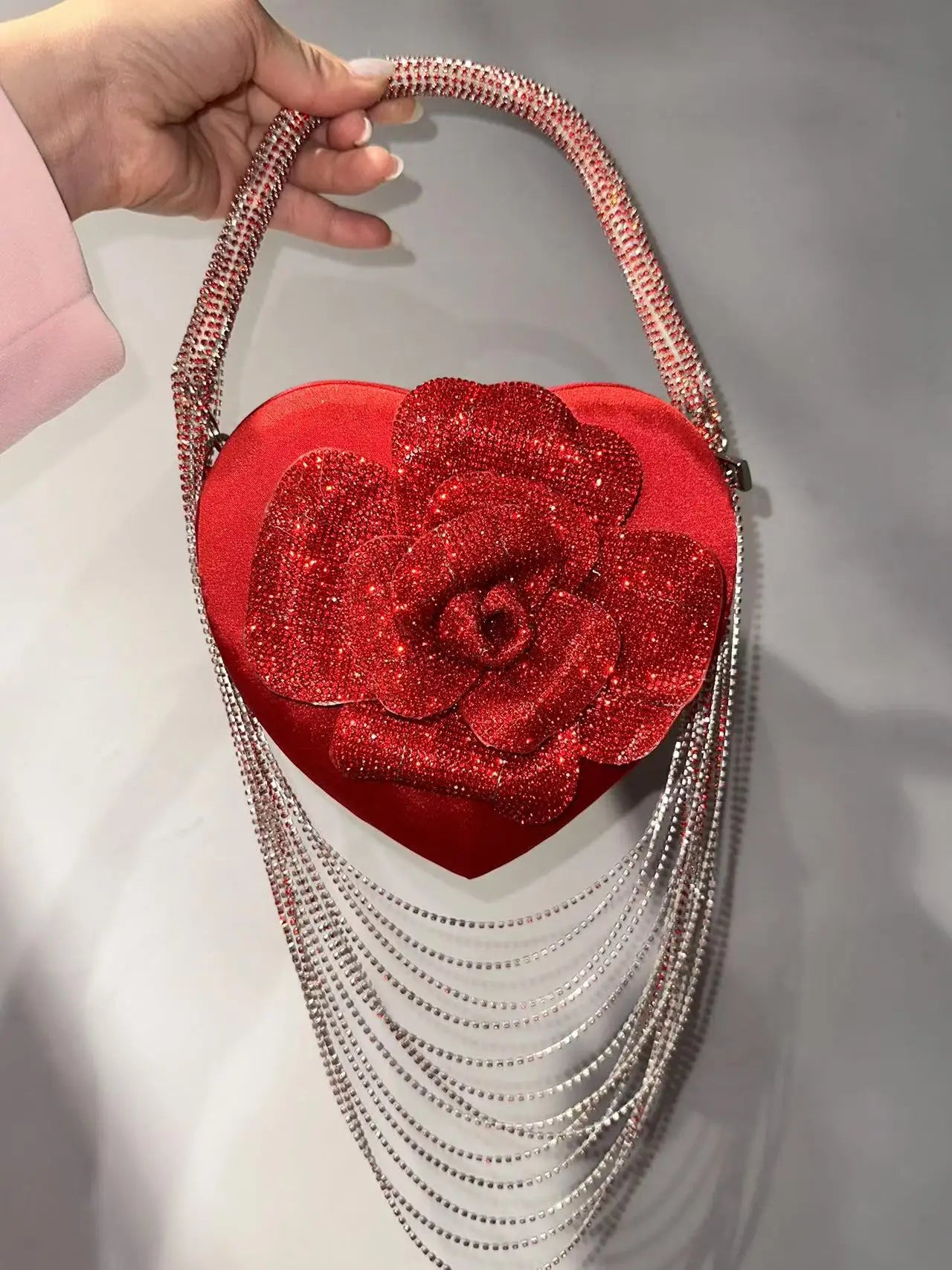 Luxury Glitter Floral Rhinestone Diamond Tassel Evening Bag Heart-Shaped