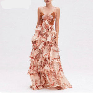 Chic Butterfly Print Ruffle Pleated Dresses