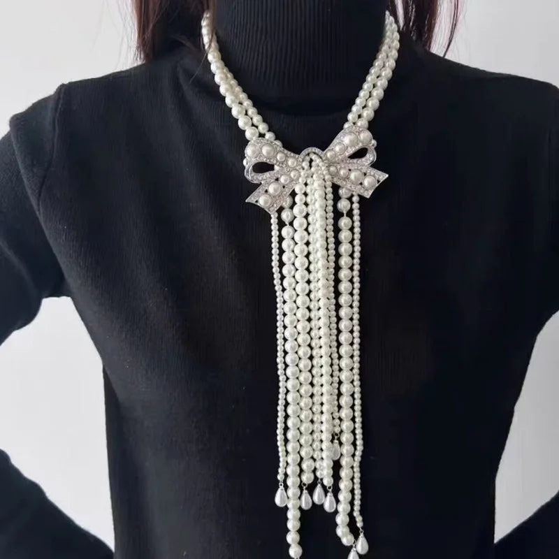 Light Luxury High-end Butterfly Bow Pearl Tassel Necklace