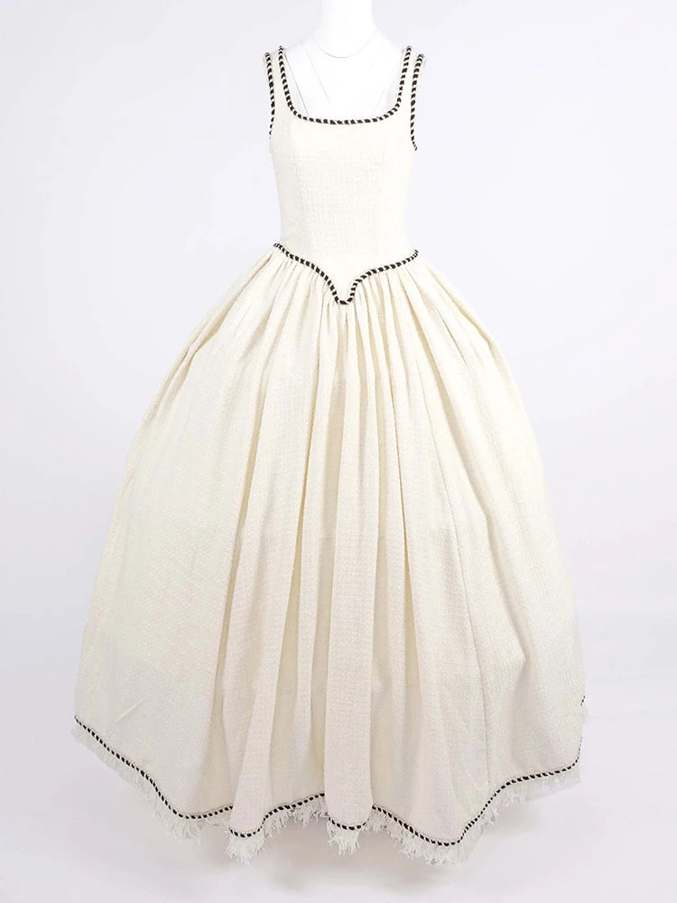 Elegant Dress Slip Tweed Pleated Tassel Edge Pockets Big Swing Dresses