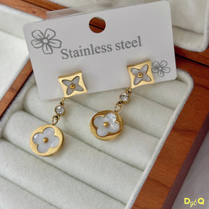 Vintage Double Flower Stainless Steel Acrylic with Leaf Flower Pendant Earrings