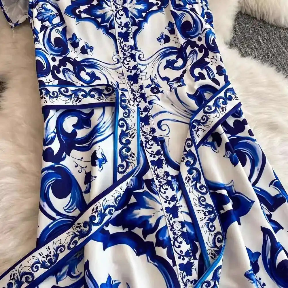 2025 Summer Blue White Porcelain Print Long Dress