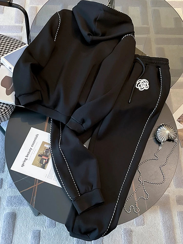 Two Piece Flower Hooded Black Hoodies+Casual Pants Suit