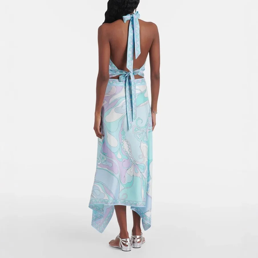 2025 Printed Satin Halter Backless Top And Asymmetrical Mini Skirt Two-Piece Set