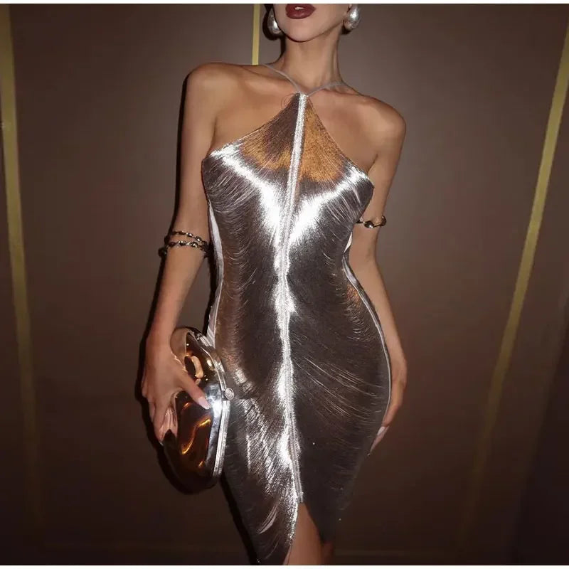 Metallic Short Off Shoulder Backless Shiny Dresses