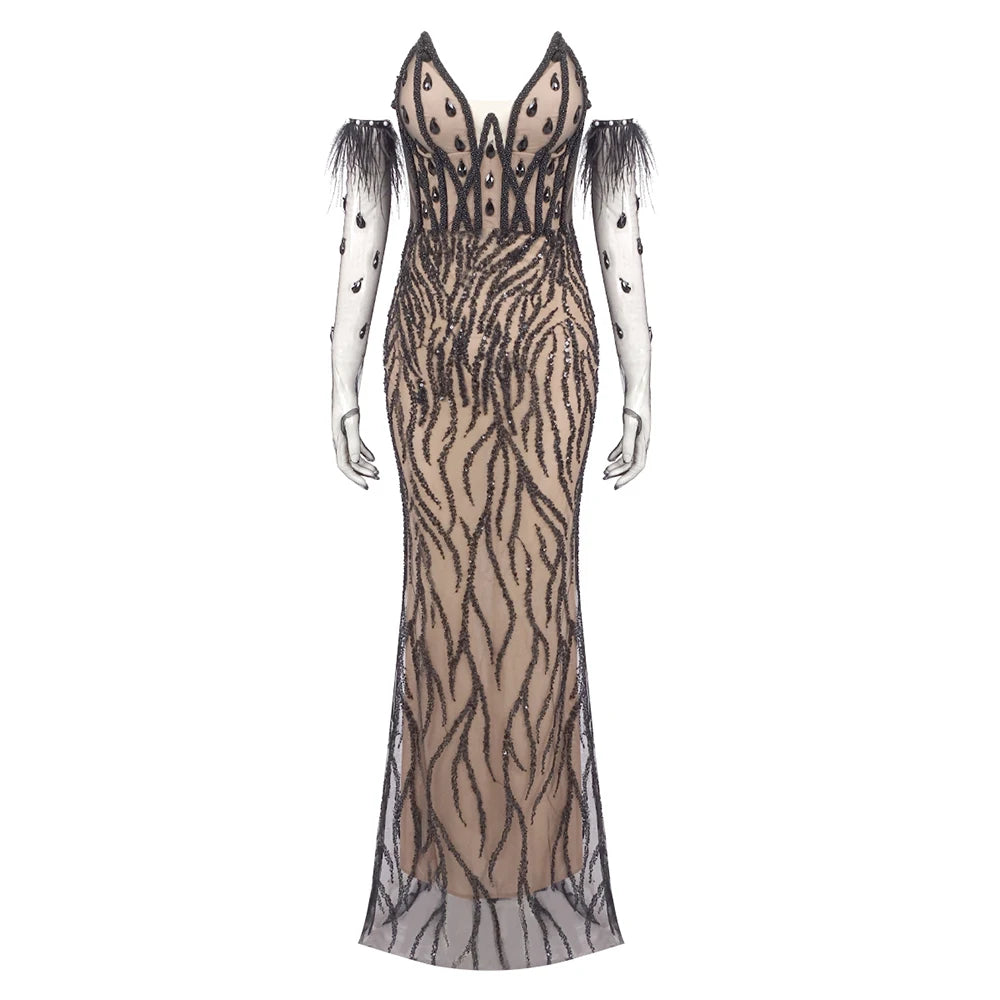 Black Strapless Sequins Long Dress Beading Gloves Glitter Diamond Elegant  Gown