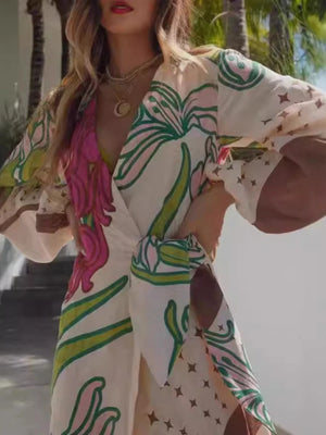 Elegant Printed Ethnic Style Cardigan Loose Long Skirt
