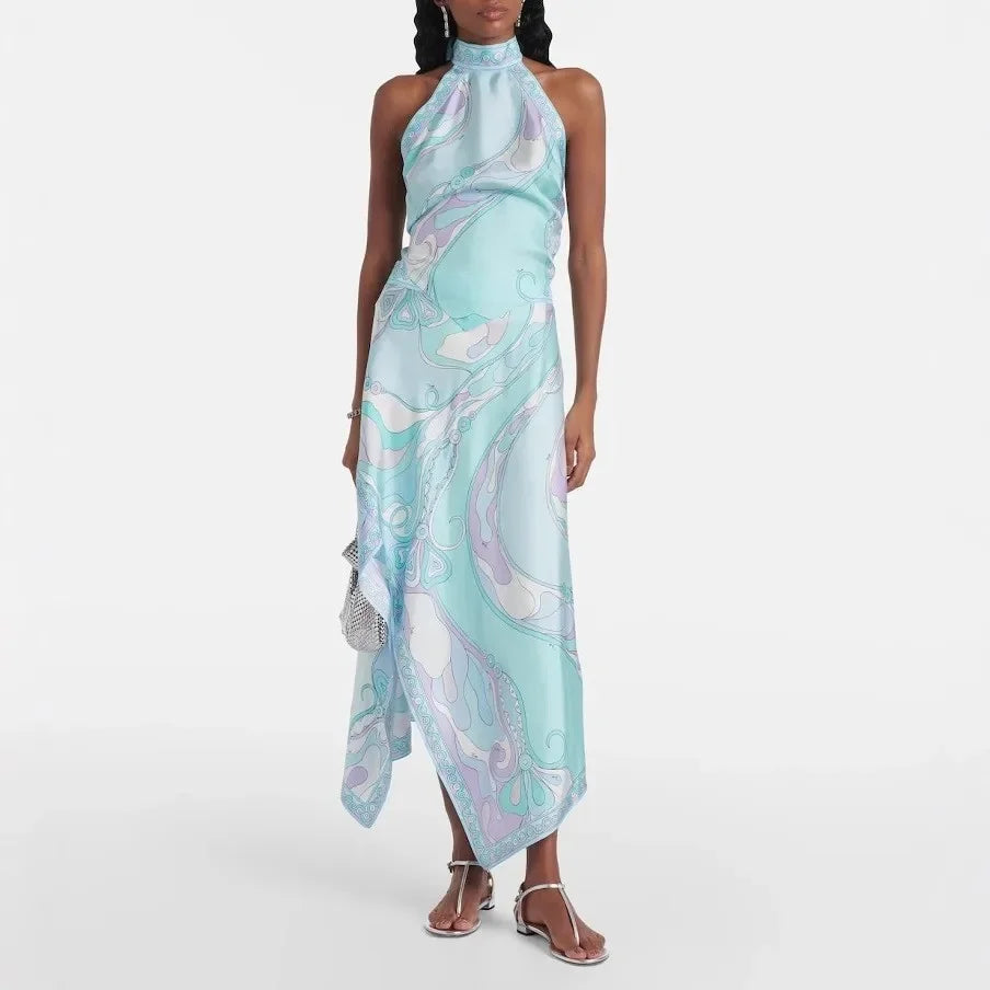 2025 Printed Satin Halter Backless Top And Asymmetrical Mini Skirt Two-Piece Set