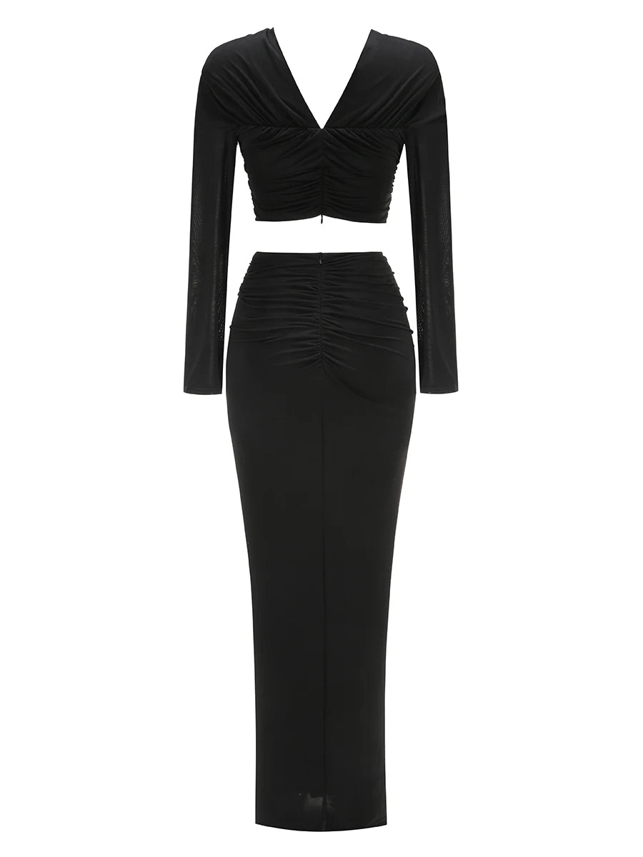 Sexy Hollow Out Long Sleeve Top + Pleated Skirt Sets