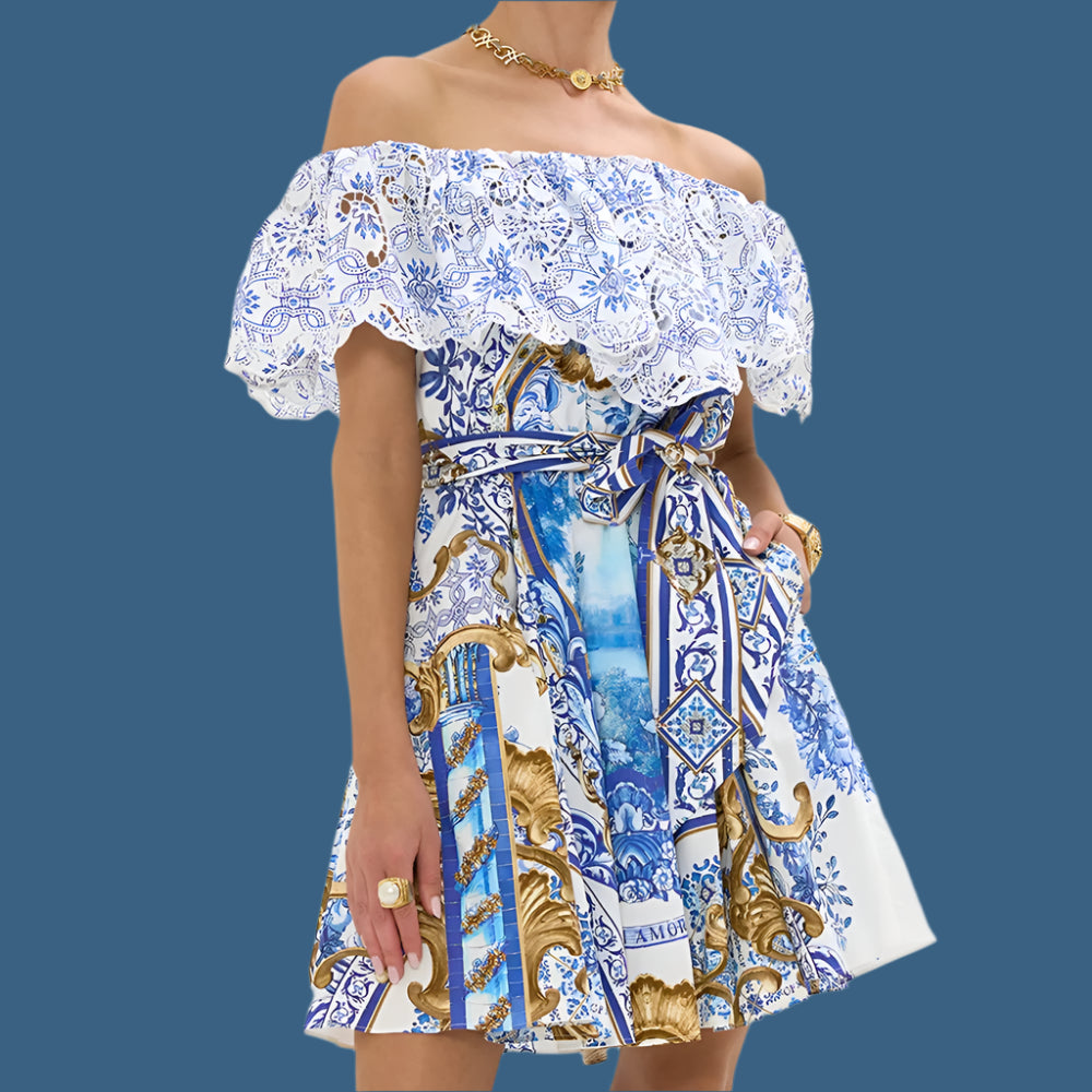 Chic Spliced Hollow Out Printed Mini Dress