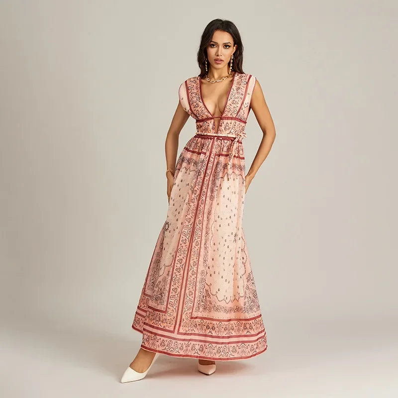Retro Print Sleeveless Long Dress er Australia Market Hot Sale Of The