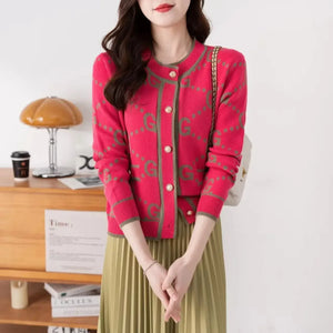 Autumn Winter Coat Luxury Pink Knitted Cardigan