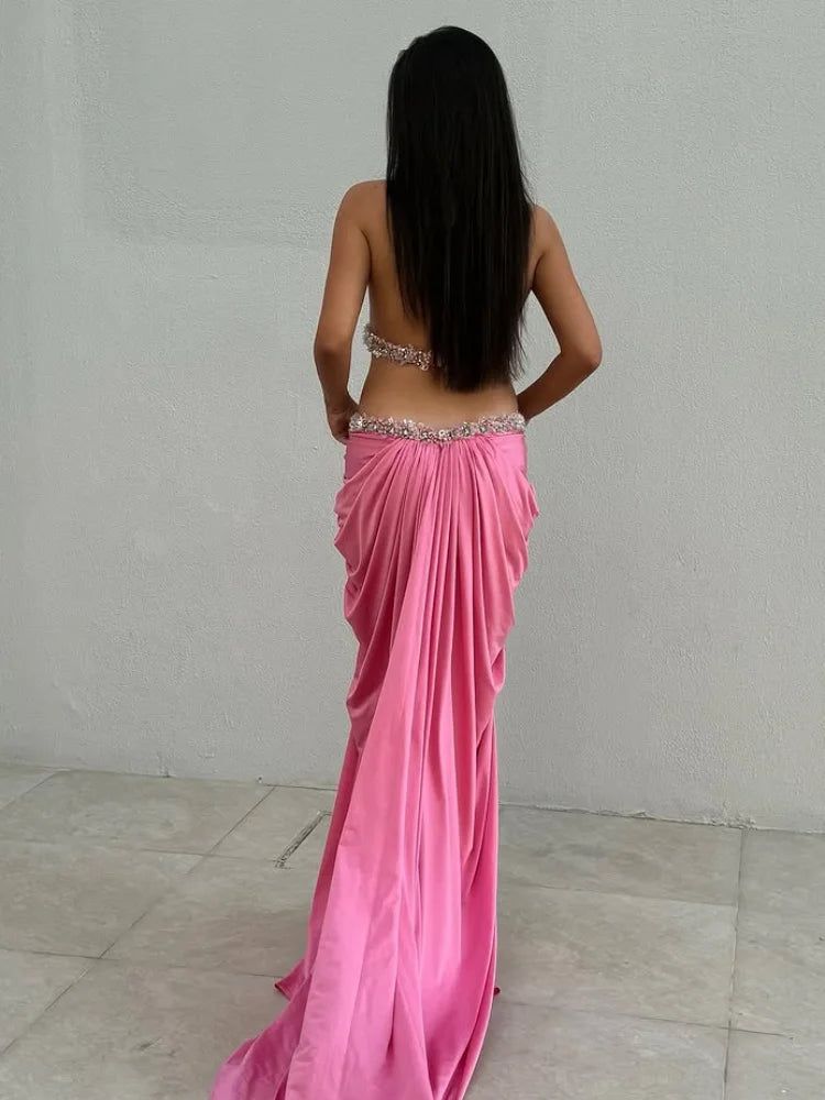 Pink Satin Sequin Halter Dress