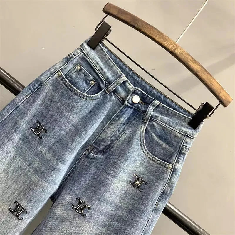 Light Blue Letter Embroidered Hot Diamond Denim Pants