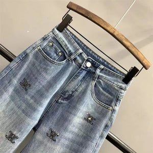 Light Blue Letter Embroidered Hot Diamond Denim Pants