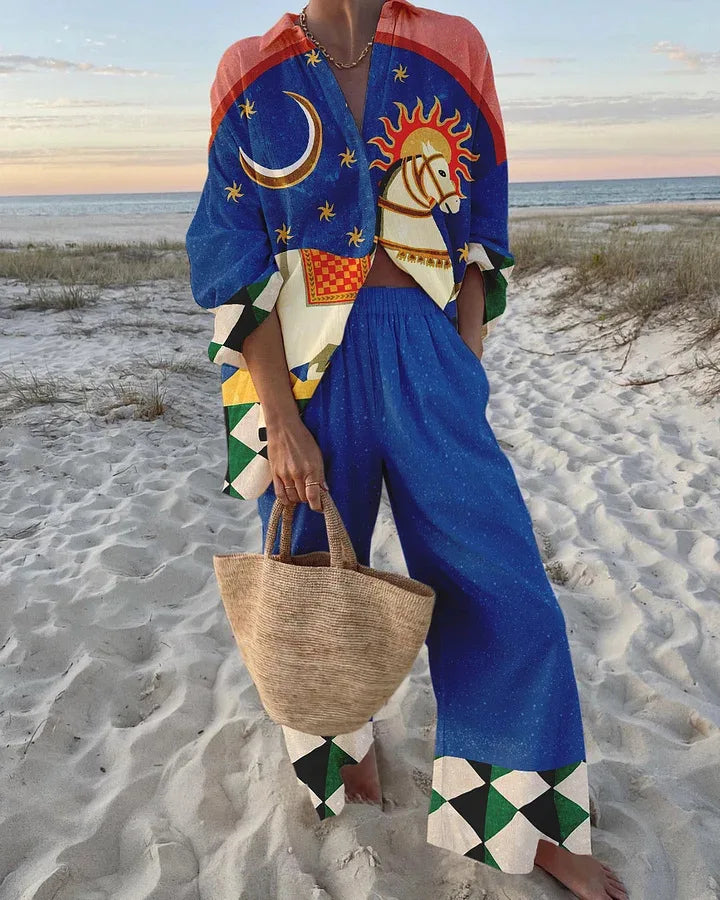 Print Shirt & Long Pants Casual Loose Two Piece Set
