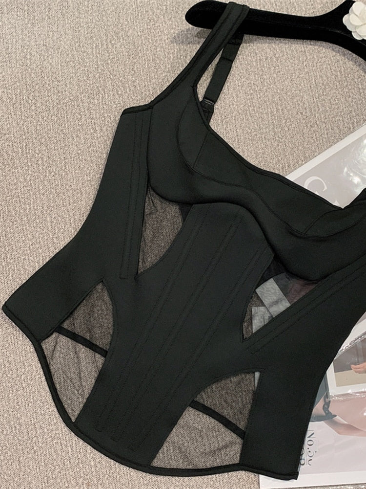 Hollow Out Mesh Patchwork Tops