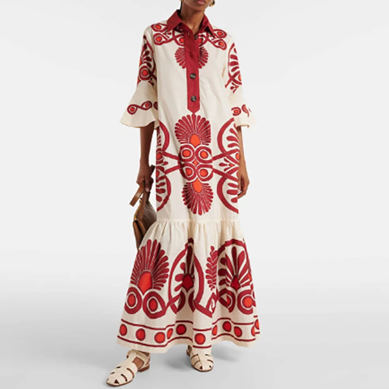 Retro Print Pleated Long Dress
