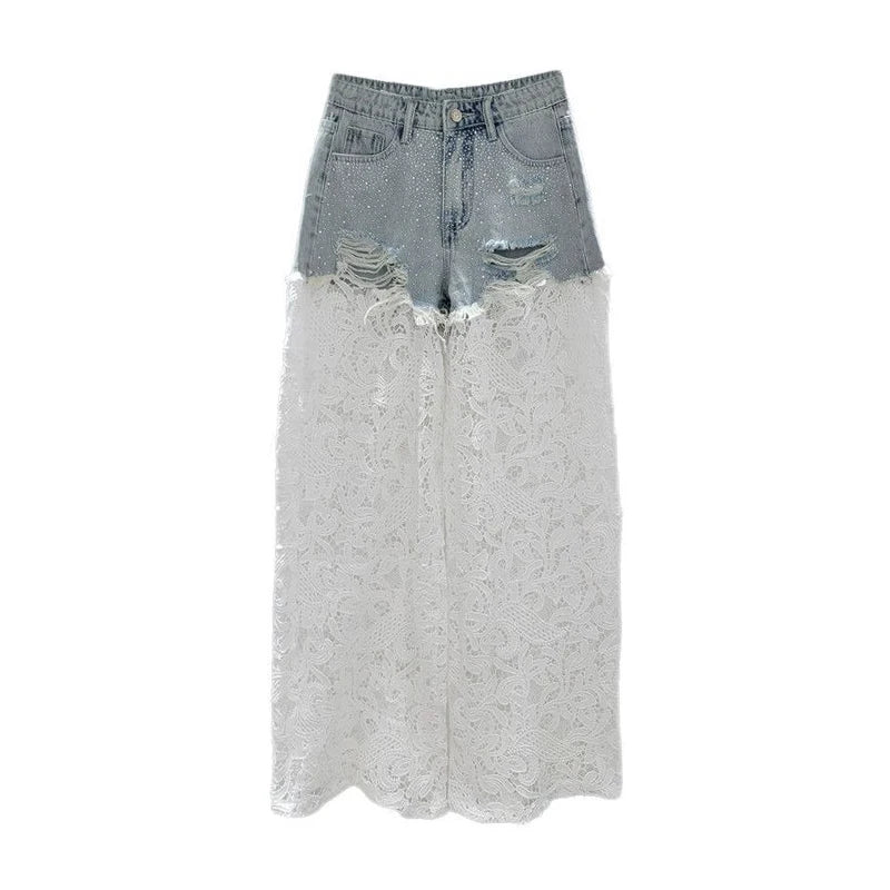 Hot Diamonds Broken Holes Patchwork Lace High Waist Straight Denim Pants