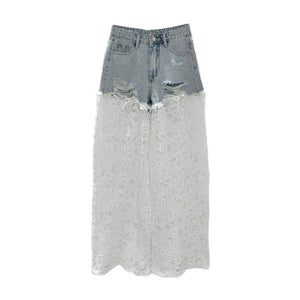 Hot Diamonds Broken Holes Patchwork Lace High Waist Straight Denim Pants