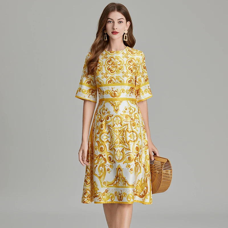 High Quality Elegant Retro Majolica Porcelain Print Runway Dress