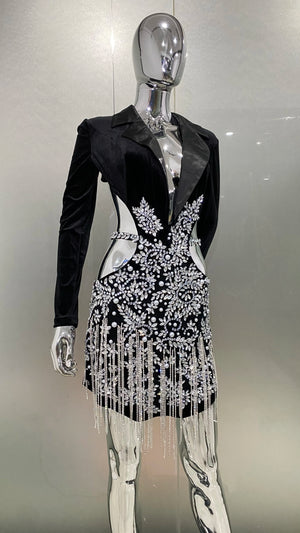 Luxury Diamonds Tassel Hollow Out Notched Dress