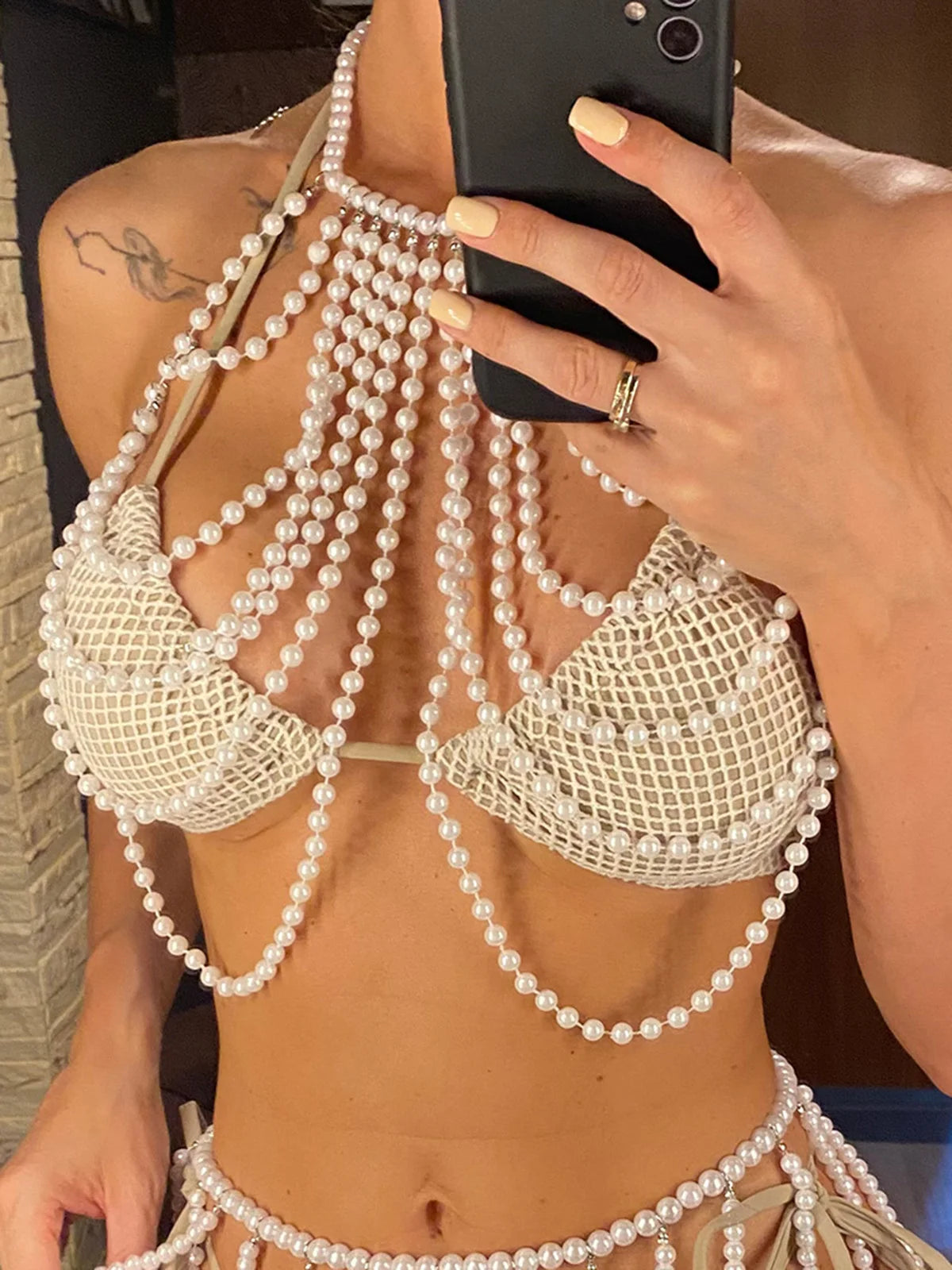 Luxury Pearls Halter Hollow Out See Through Bikini Top