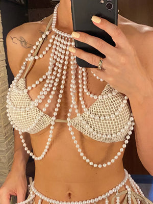 Luxury Pearls Halter Hollow Out See Through Bikini Top