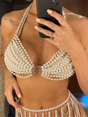 Luxury Pearls Halter Hollow Out See Through Bikini Top