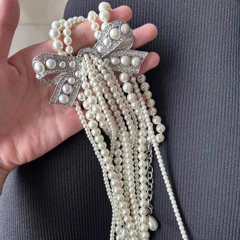 Light Luxury High-end Butterfly Bow Pearl Tassel Necklace