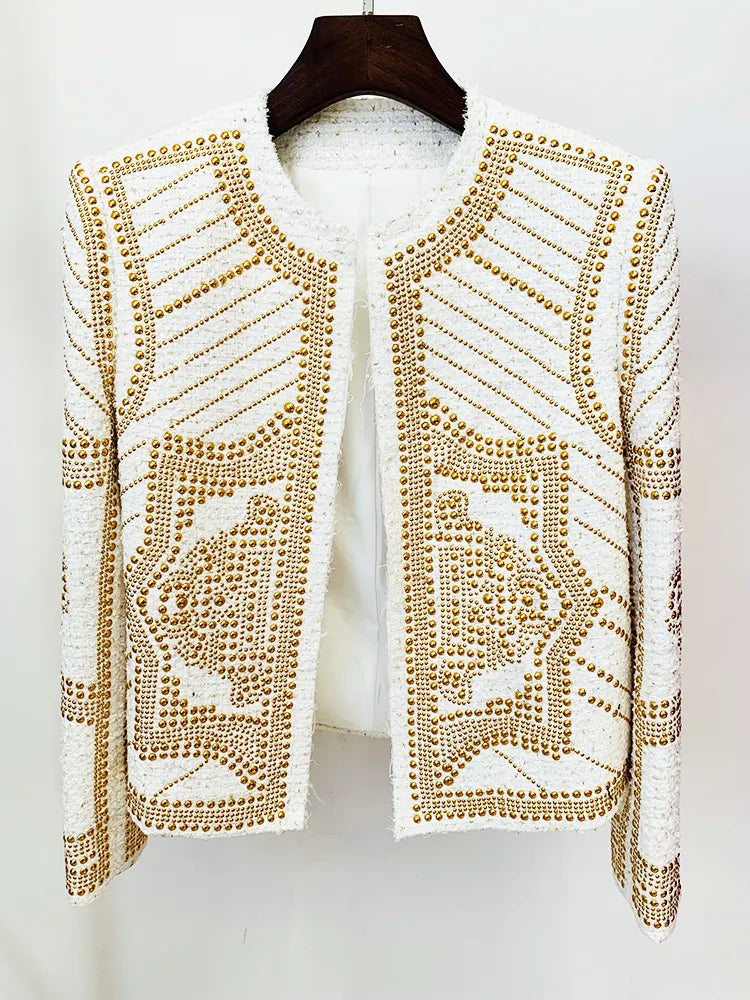 Designer Stunning Metal Rivet Beaded Tweed Jacket