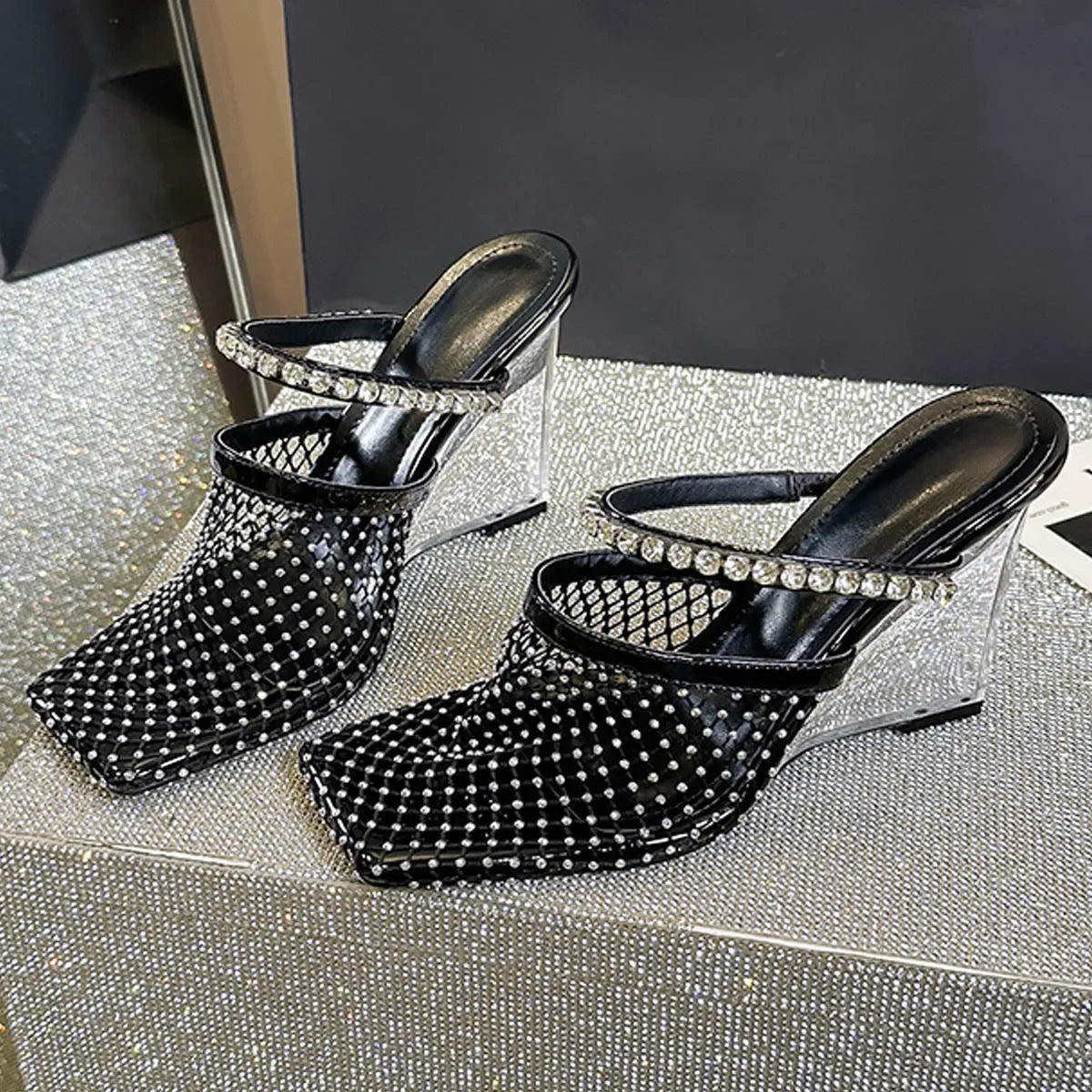 Crystal Diamond Square Toe Designer Transparent Slippers