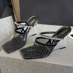 Crystal Diamond Square Toe Designer Transparent Slippers