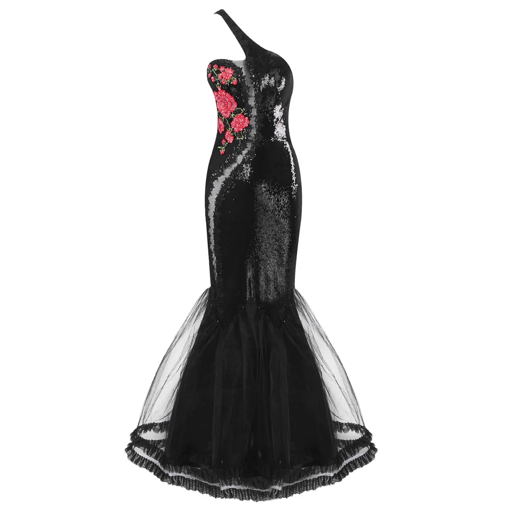 Glamorous Black One-Shoulder Sleeveless Mermaid Gown Dress with Red Floral Embellishments
