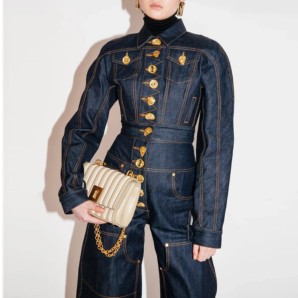 Solid Spliced Button Loose Denim Two Piece Sets