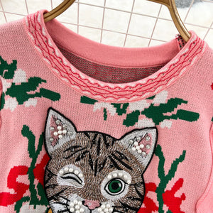 Diamonds Beaded Cat Bow Embroidery Sweater